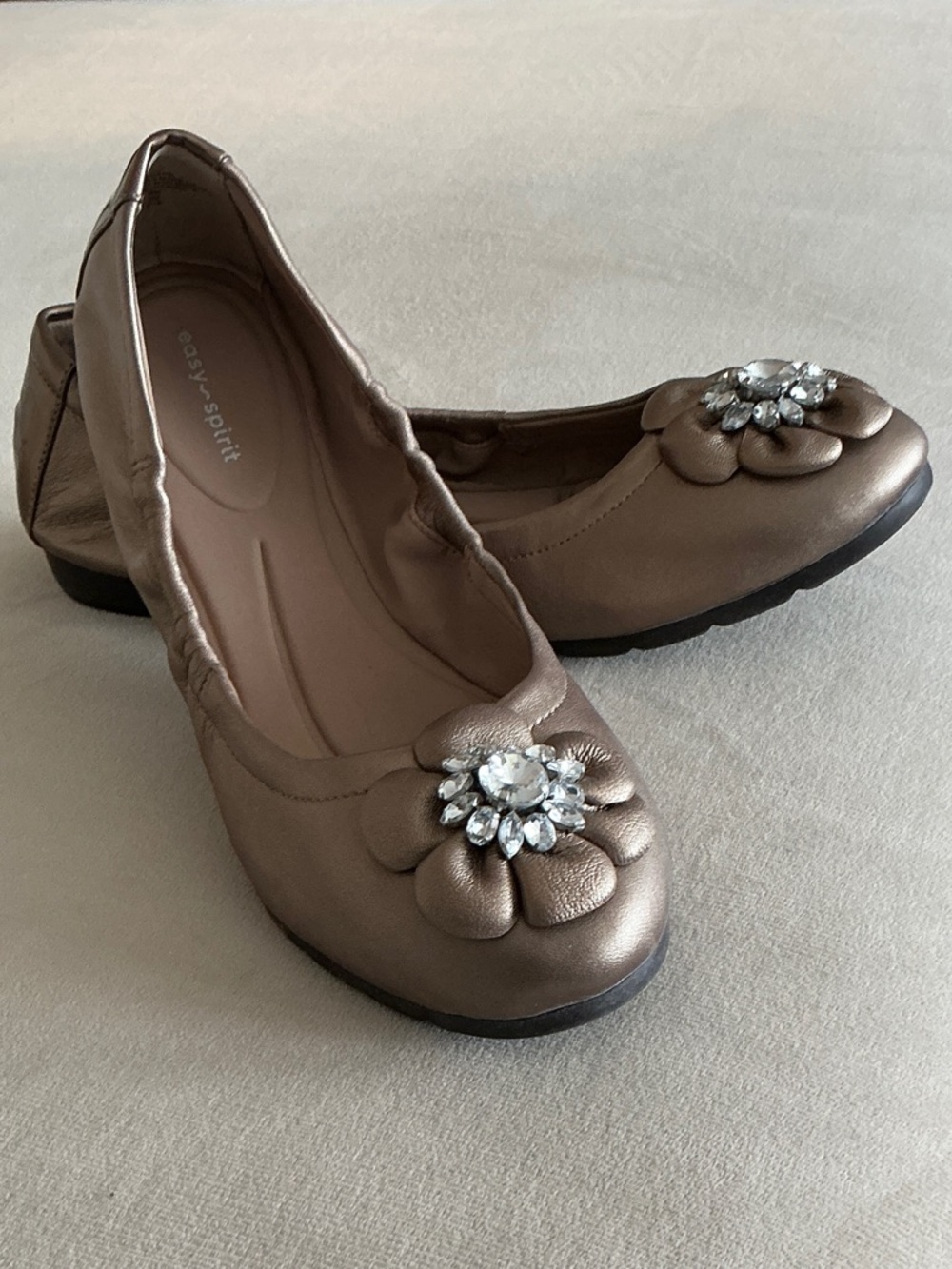 Easy Spirit Metallic Bronze Flower Ballet Flats with Jewel Accent